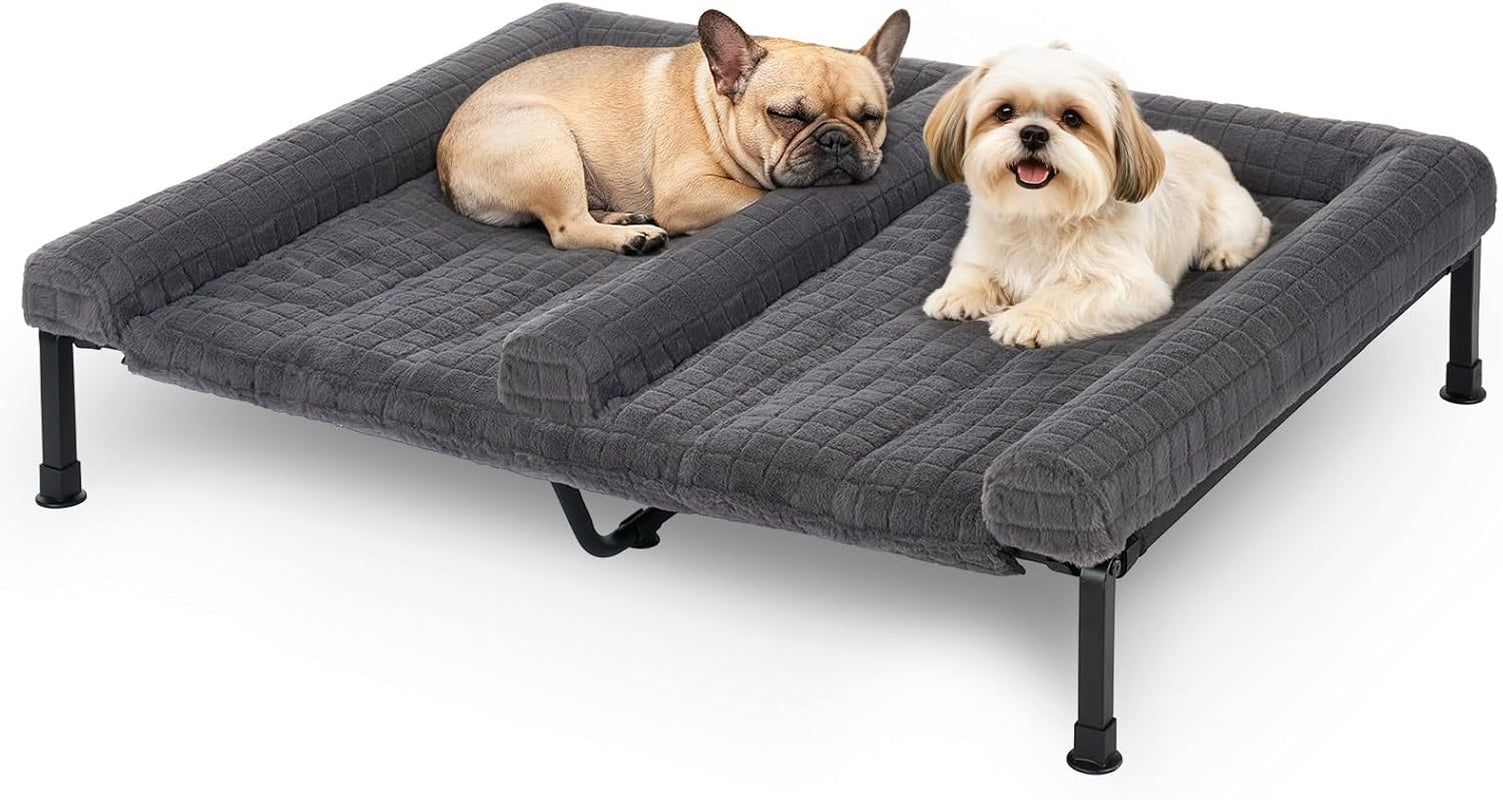 veehoo-fluffy-plush-double-dog-couch-bed-for-two-large-dogs-washable-elevated-dog-beds-with-removable-bolster-cushion-cooling-raised-pet-cot-with-breathable-mesh-no-slip-feet-59-x-37-inches-grey
