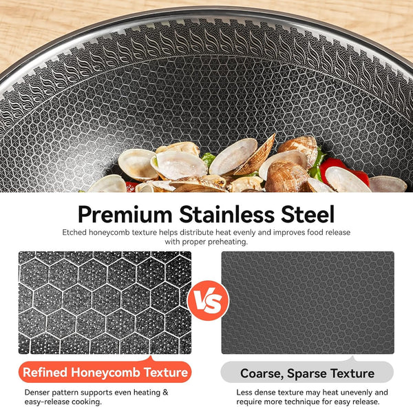 Stainless Steel Wok Pan with Lid, 12.6 Inch Honeycomb Hybrid Nonstick Stir Fry Pan, Tri-Ply Clad Skillet for Induction Electric Gas Stove, Dishwasher Safe, No Seasoning Needed (Serves 3-4)6