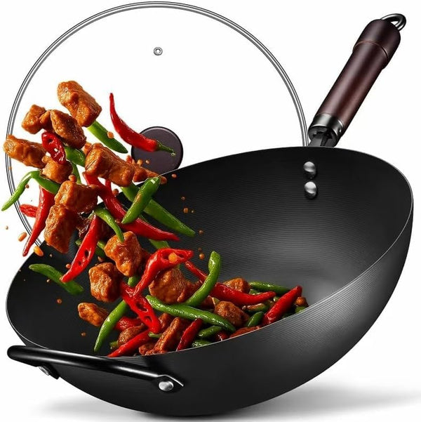 Wok, 13 Inch Carbon Steel Woks & Stir-Fry Pans Nonstick Roasting Pan | Pre-Seasoned 5.8QT Flat Bottom Chinese Wok Roasting Pan with Lid,Pfoa/Ptfe Free Cookware Compatible with All Cooktops1