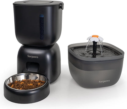 Automatic Cat Feeder and Water Dispenser FW1, Wire or Battery Cat Food Dispenser Timer Pet Feeder - Locking Lid, Desiccant Bag, Programmable Portion Control, 4 Daily Meals, 10S Voice Recorder1