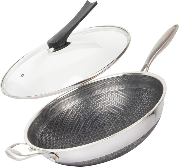 14" Honeycomb Non Stick Wok Pan Stainless Steel Stir-Fry Wok with Lid,Skillet with Stay-Cool Handle PFOA Free Suitable for Induction, Ceramic, Electric, and Gas Cooktops (Sliver, 14 Inches)1