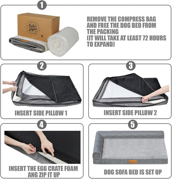 Patas Lague Orthopedic Large Dog Bed Pet Sofa Beds 36''X24'' Black | L Bolster Egg-Crate Foam Dog Couch for Large Sized Dogs, Waterproof Removable Washable Cover, Pet Mat with Nonskid Bottom7