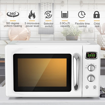Retro Countertop Microwave Oven,  Compact Microwave Oven 0.9 Cu.Ft. W/Child Lock, 5 Micro Power, Defrost & 8 Auto-Cooking, LED Display, Easy Clean Interior, White, 900 W4