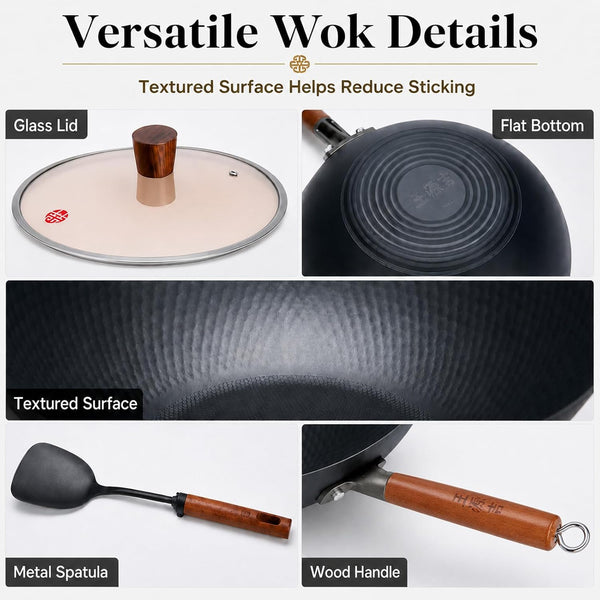 Lightweight Carbon Steel Wok Pan with Lid, 12.6" Flat Bottom Stir Fry Wok for Induction, Electric & Gas Stoves, 2.9 Lb Wok Body, Pre-Seasoned Nitrided Wok, No Chemical Coating8