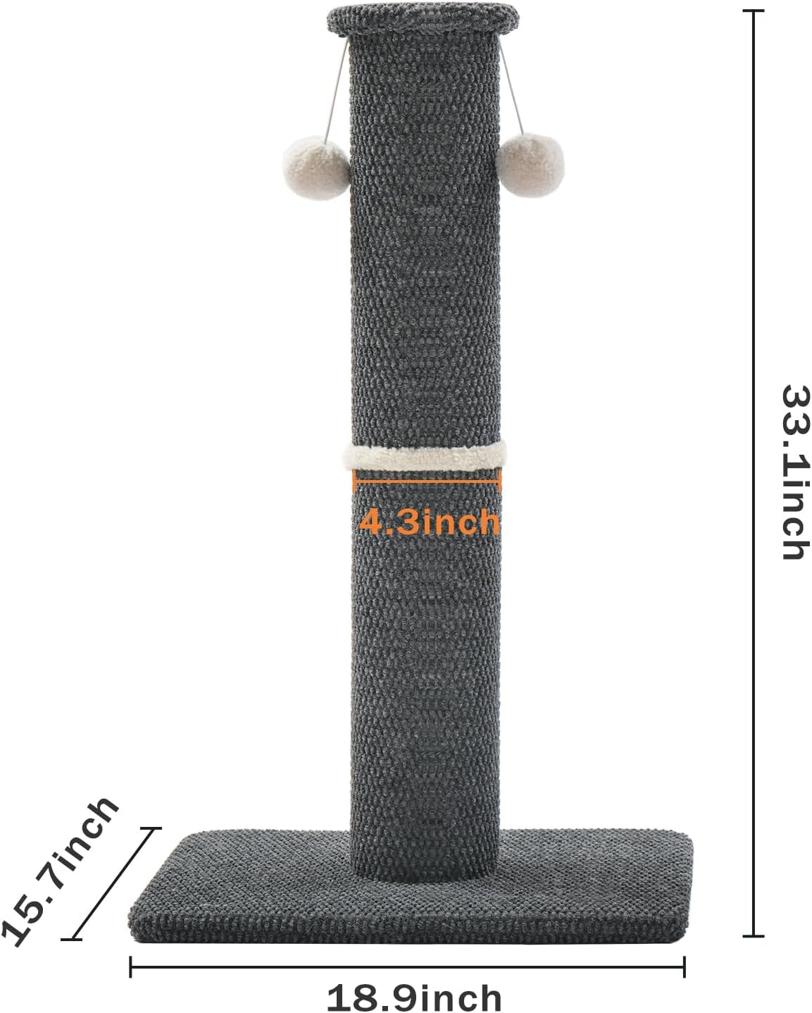 made4pets-tall-cat-scratching-post-33-modern-cat-scratcher-with-hanging-balls-heavy-duty-and-thicker-scratching-post-for-indoor-cats-adults-sturdy-base-cat-scratch-post-dark-grey