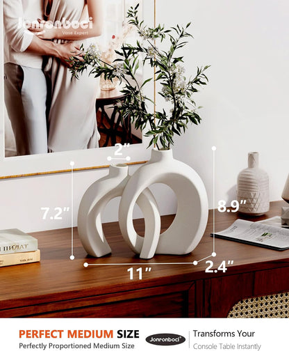 7.2″Hx8.9″H Donut Shape Decorative Vase Set of 2, Ceramic, Modern Minimalism Styles, Flowers or Plant Table Vases for Home Decor Living Room Shelf Entry Console Mantle Dining Centerpiece (Matte White)7