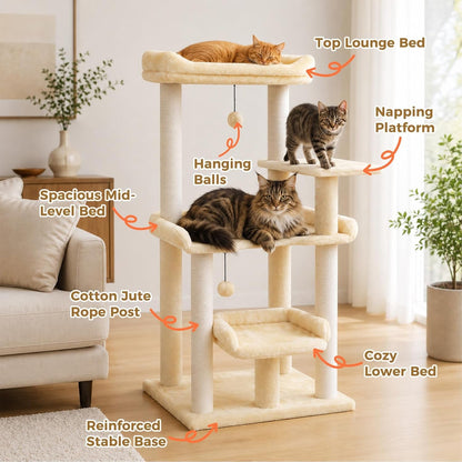 43.3" Cat Tree for Indoor Cats Large Adult, Multi-Level Cat Tower | Cat Tree Tower with Spacious Top Perch, Large Cat Bed, Scratching Posts and Pompom Balls for Fun2