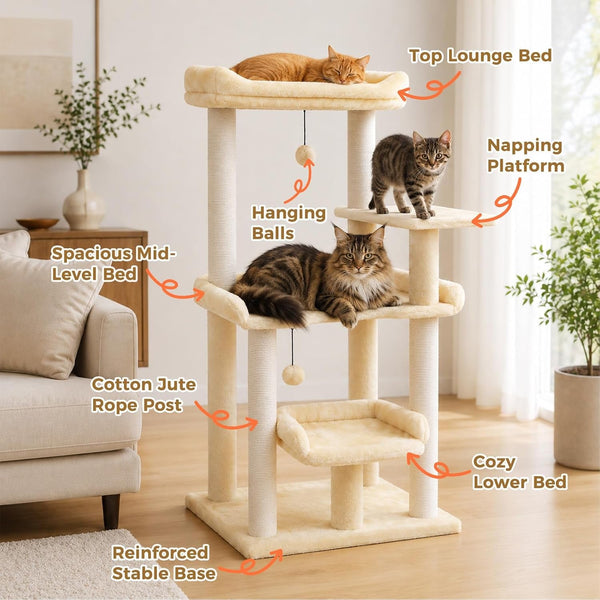 43.3" Cat Tree for Indoor Cats Large Adult, Multi-Level Cat Tower | Cat Tree Tower with Spacious Top Perch, Large Cat Bed, Scratching Posts and Pompom Balls for Fun2
