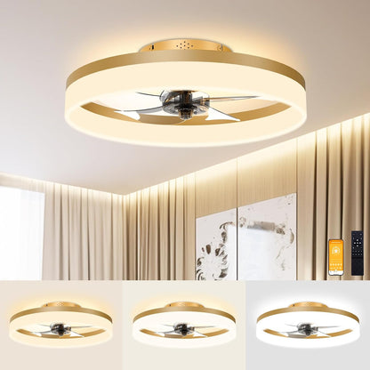Low Profile Ceiling Fans with Lights and Remote, 19.7In Fandelier Ceiling Fan Flush Mount, 3000K-6500K Smart Bladeless LED Fan Light, Gold Modern Ceiling Fans with Lights for Bedroom1