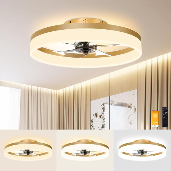 Low Profile Ceiling Fans with Lights and Remote, 19.7In Fandelier Ceiling Fan Flush Mount, 3000K-6500K Smart Bladeless LED Fan Light, Gold Modern Ceiling Fans with Lights for Bedroom1