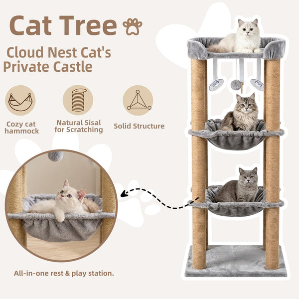 Cat Scratching Post, 4 Scratch Post, Cat Tower for Indoor Cats with Plush Cat Hammocks, Stable Cat Tree & Cat Perch, for Indoor Small Medium Large Cats (44.88'')2