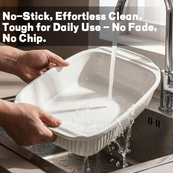 Baking Dish 5.1 Quarts, Casserole Dishes for Oven, Baking Pan with Handles, Lasagna Pan Deep, Large Casserole Dish, Rectangular Ceramic Bakeware (White, with Lid)8