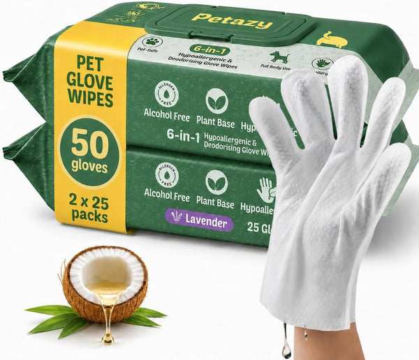 Petazy Pet Glove Wipes for Dogs & Cats – Hypoallergenic Thick Cleaning Gloves with Aloe & Coconut Oil for Paws, Face, Ears & Butt, Instant No Rinse Grooming Wipes to Deodorize and Hydrate, 25 Pack10
