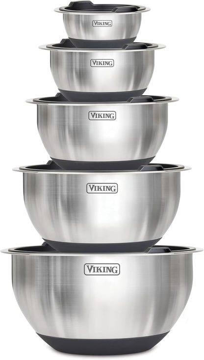 Viking Mixing Bowls Set, 10 Piece Stainless Steel Kitchen Cookware, Non-Slip Silicone Base, Includes Tight Fit Lids, Dishwasher Safe, Black1