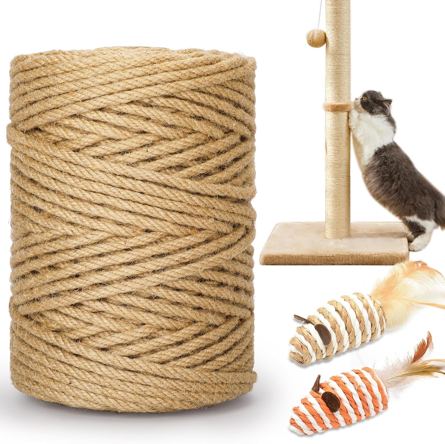 328ft-1-4-inch-cat-scratching-sisal-rope-for-cat-trees-posts-thick-white-jute-rope-with-2-cat-mouse-toys-for-scratch-posts-cat-towers-diy-projects