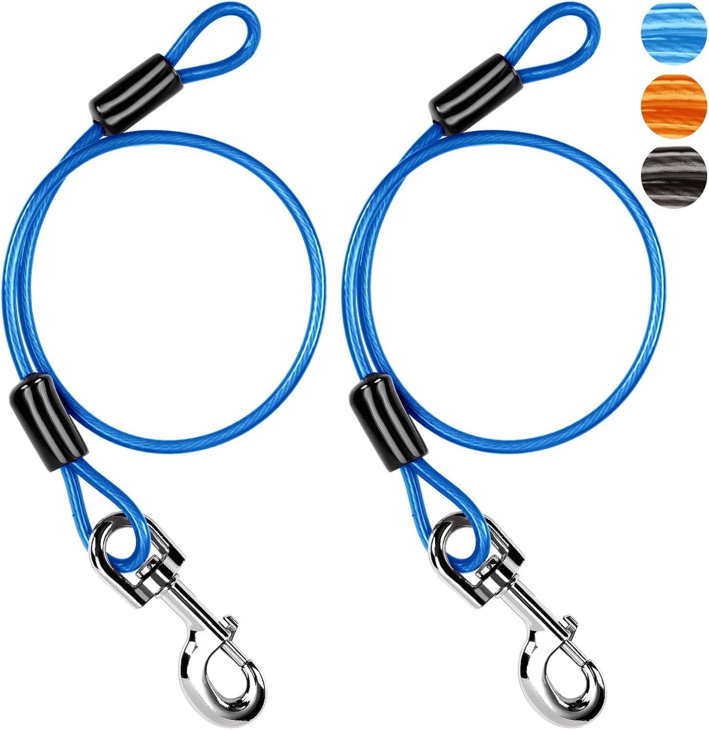 chew-proof-dog-leash-extender-2ft-5mm-metal-lead-extension-360-tangle-free-for-walking-training-puppies-fits-small-medium-large-dogs-collar-harness-compatible-black-orange-blue