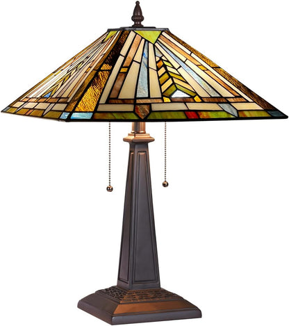 Tiffany Table Lamp 16" Wide Handmade Stained Glass Lamp Shade 2 Light Mission Style Vintage Table Lamp for Living Room Bedroom | Handcrafts Antique Nightstand Bedside Reading Lamp for Living Room Bedroom Office 2-Lights W16" X H23"1