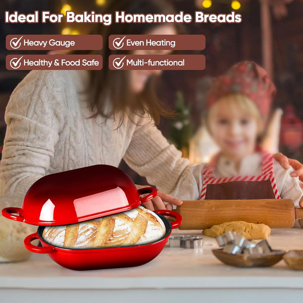 Enameled Cast Iron Bread Loaf Pan, 2 QT Oval Dutch Oven with Lid | for Sourdough Bread Baking, Enameled Meatloaf Loaf Baking Pan with Lid, Even Heat Distribution & Self-Basting, Red7