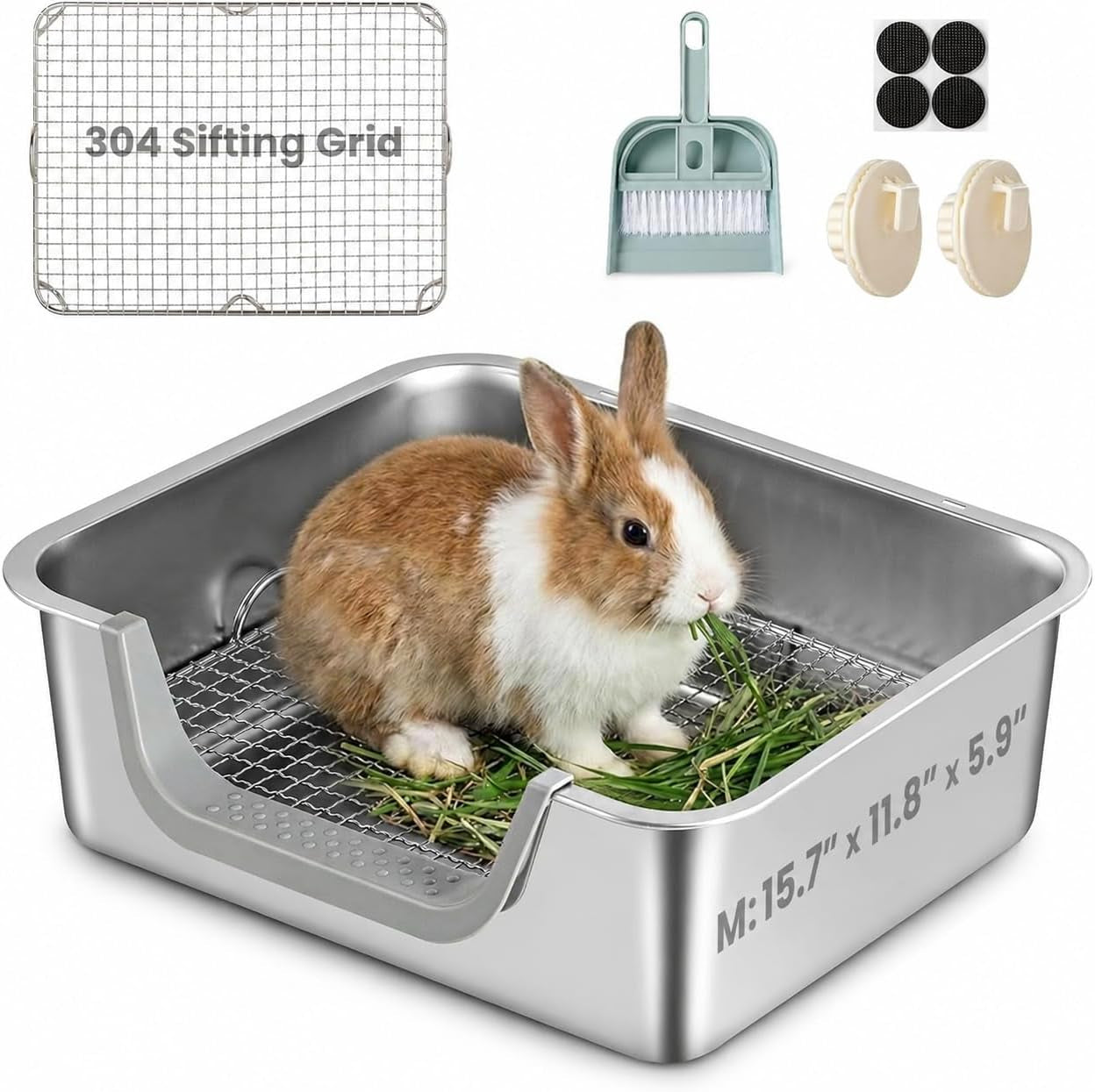 rabbit-litter-box-extra-large-bunny-litter-box-with-304-stainless-steel-sifting-grid-safe-plastic-covered-entry-edge-hooks-easy-to-clean-and-odor-control-15-7-11-8-5-9