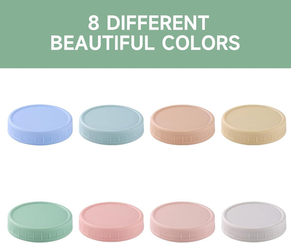 8 Pack Wide Mouth Mason Jar Lids for Ball, Kerr Jars and More, Colored Plastic Reusable Canning Tops with Silicone Rings, Food Grade & Leak-Proof3