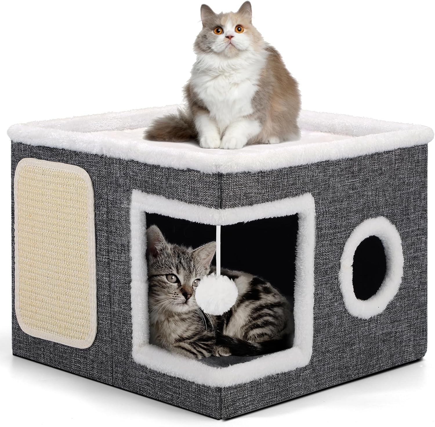 shikha-cat-house-bed-for-indoor-cats-with-fluffy-ball-and-scratch-pad-grey-foldable-large-cat-cave-hideaway-with-cozy-condo-hide-and-seek-window-holds-up-to-30lbs-all-season-reversible-cushion