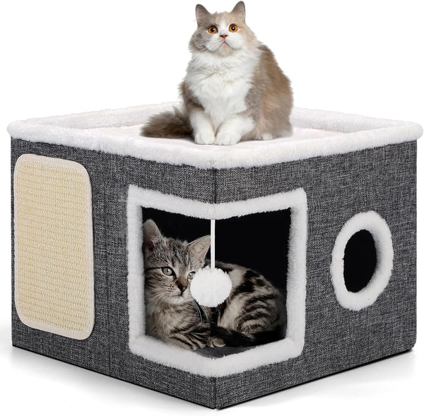 Shikha Cat House Bed for Indoor Cats with Fluffy Ball and Scratch Pad Grey | Foldable Large Cat Cave Hideaway with Cozy Condo, Hide and Seek Window, Holds up to 30LBS, All Season Reversible Cushion1
