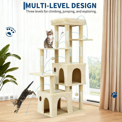 Takywep Beige 61" Heavy Duty Cat Tree for Large Indoor Cats & Maine Coon, Warm Multi-Level Cat Tower with Extra Large Perch, 2 Spacious Condos, Natural Sisal Scratching Posts & Interactive Toys3