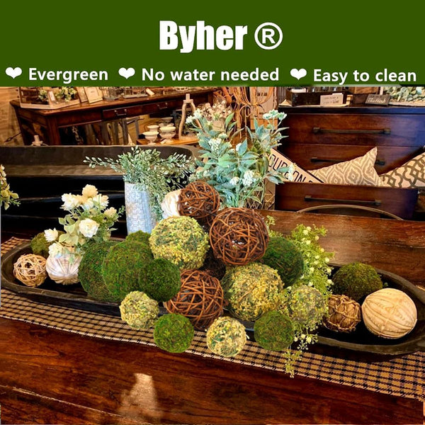 Decorative Balls for Centerpiece Bowls, 18Pcs Fake Moss Balls + Wicker Rattan Balls Set Vase Bowl Filler for Home Garden Wedding Party Decor (Fresh Green + Rustic Brown)5
