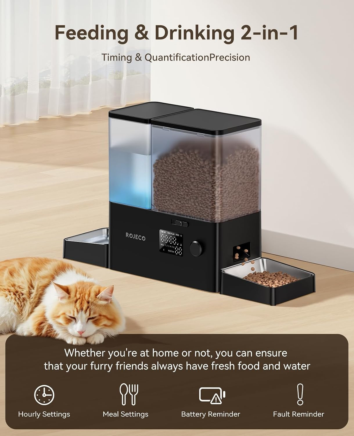 rojeco-36cups-8-5l-pet-automatic-cat-feeder-and-gravity-water-dispenser-stainless-steel-bowls-2-in-1-set-large-capacity-5l-food-feeder-and-3-5l-water-fountain-for-cats-pets-small-dogs-black