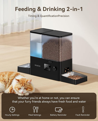 Rojeco 36Cups/8.5L Pet Automatic Cat Feeder and Gravity Water Dispenser,Stainless Steel Bowls 2-In-1 Set Large Capacity 5L Food Feeder and 3.5L Water Fountain for Cats,Pets,Small Dogs,Black2