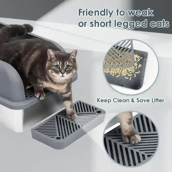 Cat using litter box with step, designed for short-legged cats, keeps clean and saves litter4