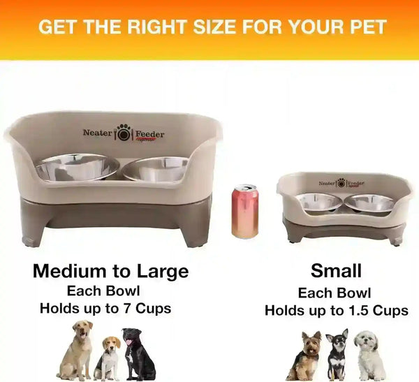 Elevated dog bowls for medium to large and small dogs, stainless steel, size comparison with can4