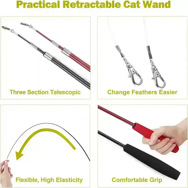 Retractable cat wand toy with telescopic design, flexible rod, easy feather swap, and comfy grip for interactive play4