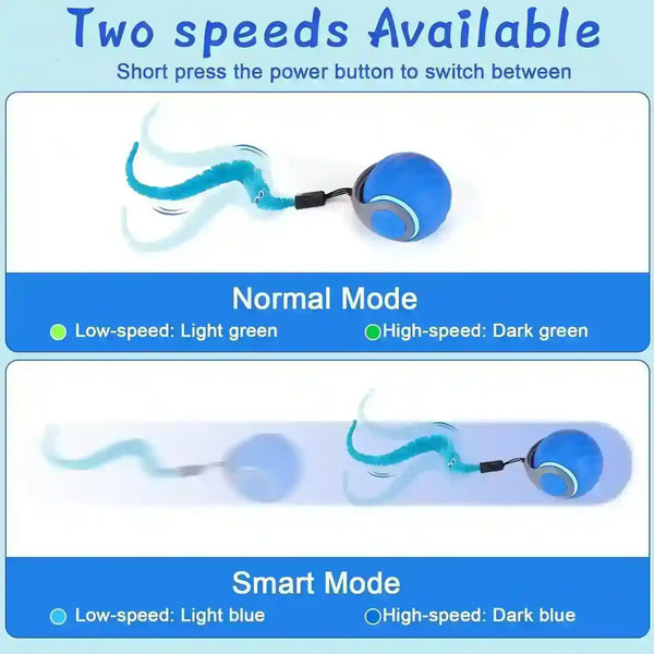 Blue pet toy with two speed modes, light and dark indicators for normal and smart settings4