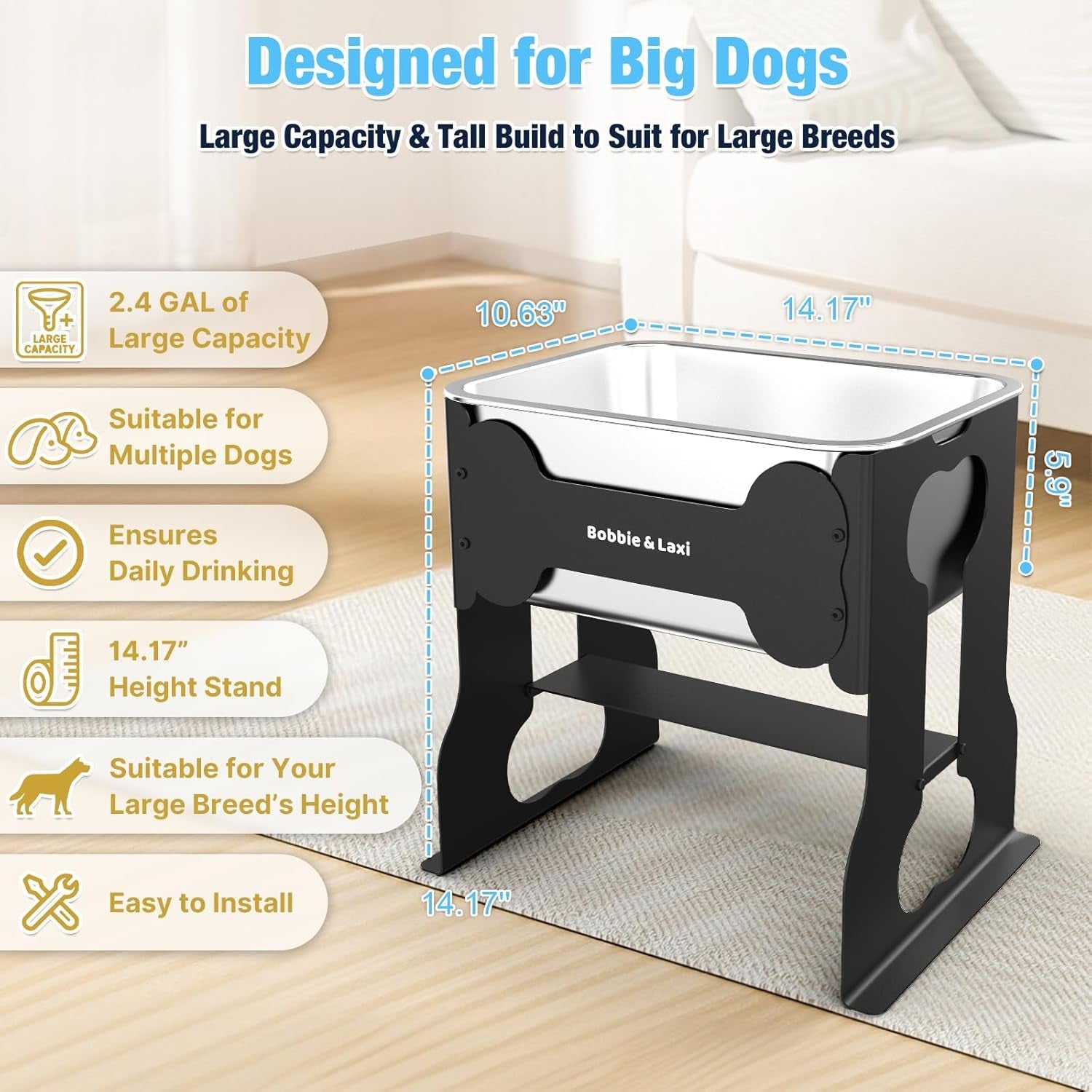 bobbie-laxi-14-elevated-dog-water-bowl-2-4-gal-stainless-steel-bowl-reduces-neck-joint-strain-for-large-or-senior-dogs-rust-resistant-steel-bowl-iron-stand