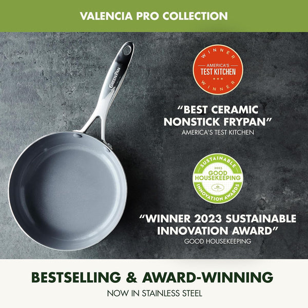 Valencia Pro Tri-Ply Stainless Steel 8” & 10” Frying Pan Skillet Set, Pfas-Free Ceramic Nonstick Coating, Induction Ready Cookware, All Cooktops, Eggs & Omelets, Dishwasher & Oven Safe 600F5