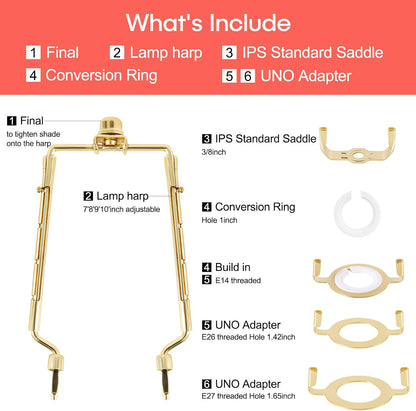 2 Pack  7 8 9 10 Inch Lamp Shade Harp Holder,Adjustable Lamp Harp Kit,Fit 3/8 IP Standard,E14,E26,E27 Light Base UNO Fitter Adapter,Golden Horn Frame Lampshade Bracket (Golden)2