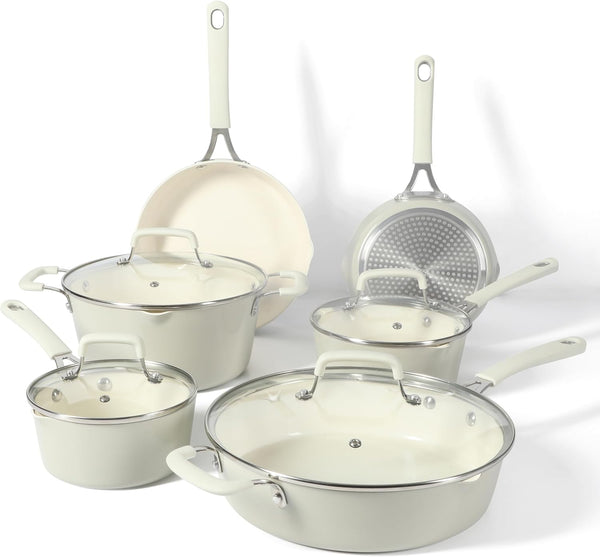Heathland Premium Nonstick PFA Free Ceramic Interior 10-Piece Tapered Aluminum Cookware Set - Linen White1