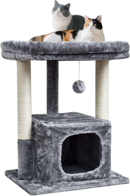 SYANDLVY 27" Cat Tree for Indoor Cats, Activity Tower with Scratching Posts | Modern Kitten Condo with Plush Perch & Hanging Ball for Play, Beige8