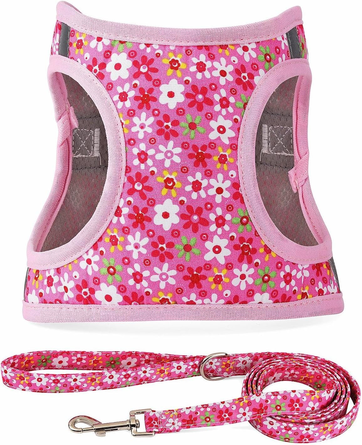 step-in-dog-harness-leash-set-all-weather-reflective-no-pull-floral-pattern-padded-mesh-vest-harness-for-cats-puppy-extra-small-small-medium-large-dogs-pink-flower-s