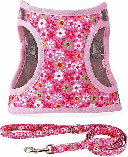 Step in Dog Harness Leash Set- All Weather Reflective No-Pull Floral Pattern Padded Mesh Vest Harness for Cats Puppy Extra-Small Small Medium Large Dogs - Pink Flower - S1