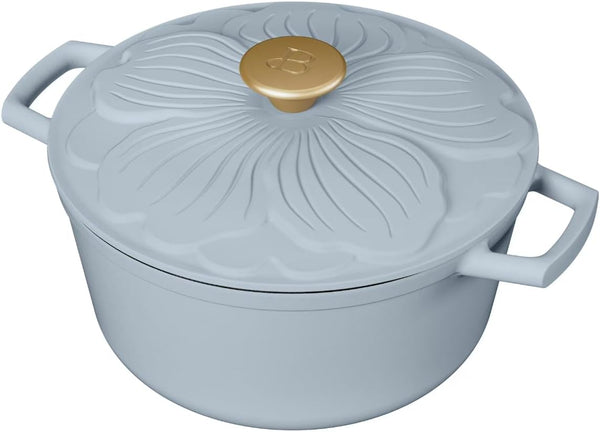 4 Quart Enameled Cast Iron round Dutch Oven with Flower Petal Design Lid, Cornflower Blue, by Drew Barrymore1