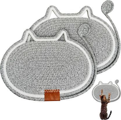 2 PC Cat Scratcher Mat - Natural Cotton Rope Oval Horizontal Scratch Pad (11''X13.7'') with Dangling Ball Toy, Cat Ear Design, Furniture Protector for Floor/Wall, Durable Handmade (Balck, 2 PC)12