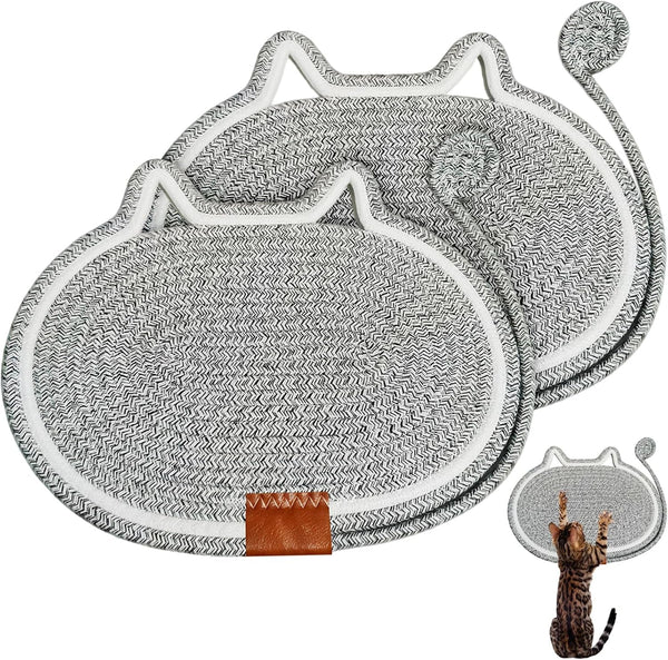 2 PC Cat Scratcher Mat - Natural Cotton Rope Oval Horizontal Scratch Pad (11''X13.7'') with Dangling Ball Toy, Cat Ear Design, Furniture Protector for Floor/Wall, Durable Handmade (Balck, 2 PC)12