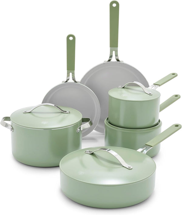 10-Piece Nonstick Ceramic Cookware Set, Lightweight Healthy Pfas-Free Pots & Pans with Lids, Dishwasher & Oven Safe, Durable Body, Silicone Stay-Cool Handles, Easy Release, Sage Green1