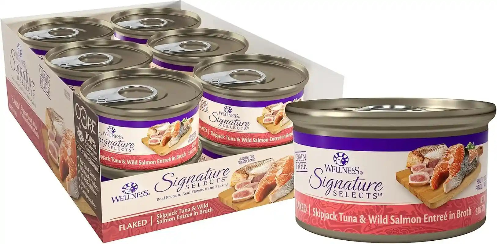 wellness-core-signature-selects-flaked-adult-canned-wet-cat-food-natural-protein-rich-grain-free-skipjack-tuna-and-wild-salmon-entree-recipe-2-8-oz-pack-of-12-cans