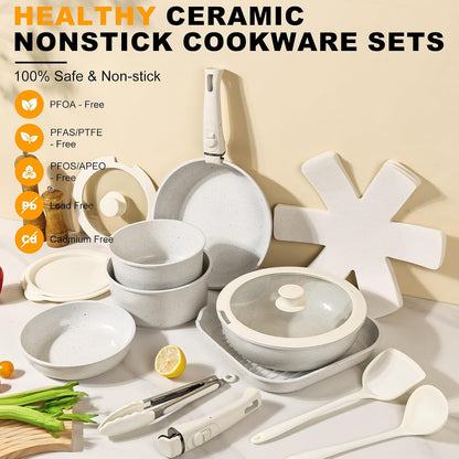 Pots and Pans Set Non Stick 20PCS, Ceramic Cookware Set Detachable Handle Non Toxic Stackable Kithchen Set, Dishwasher Oven Safe Induction Compatiable Frying Pans Pots Skillets, White2