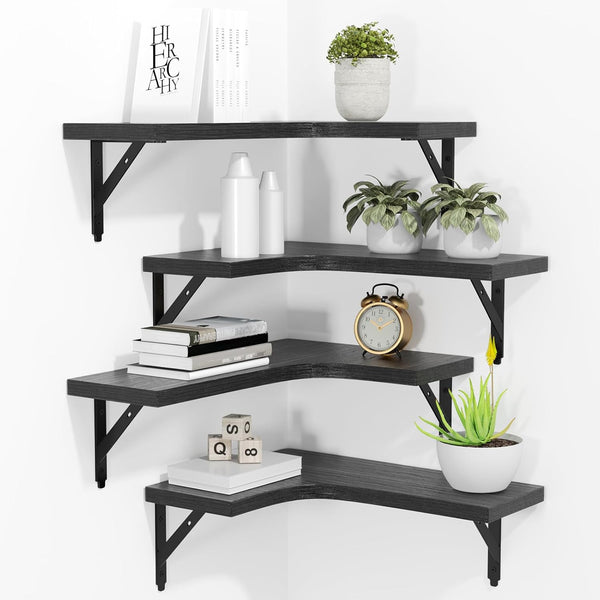 Corner Floating Shelves Wall Mounted Set of 4, Rustic Wood Storage Display Shelves for Home Decor, Bathroom, Kitchen, Bedroom, Living Room, Office (Black)1