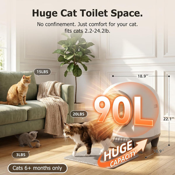WARCAT Enclosed Self-Cleaning Litter Box – APP Control, 90L, Gray | 90L Large Capacity for Multi-Cat Homes. App-Controlled with Smart Sensors. Anti-Leakage & Safety Protection. Bags Included.2