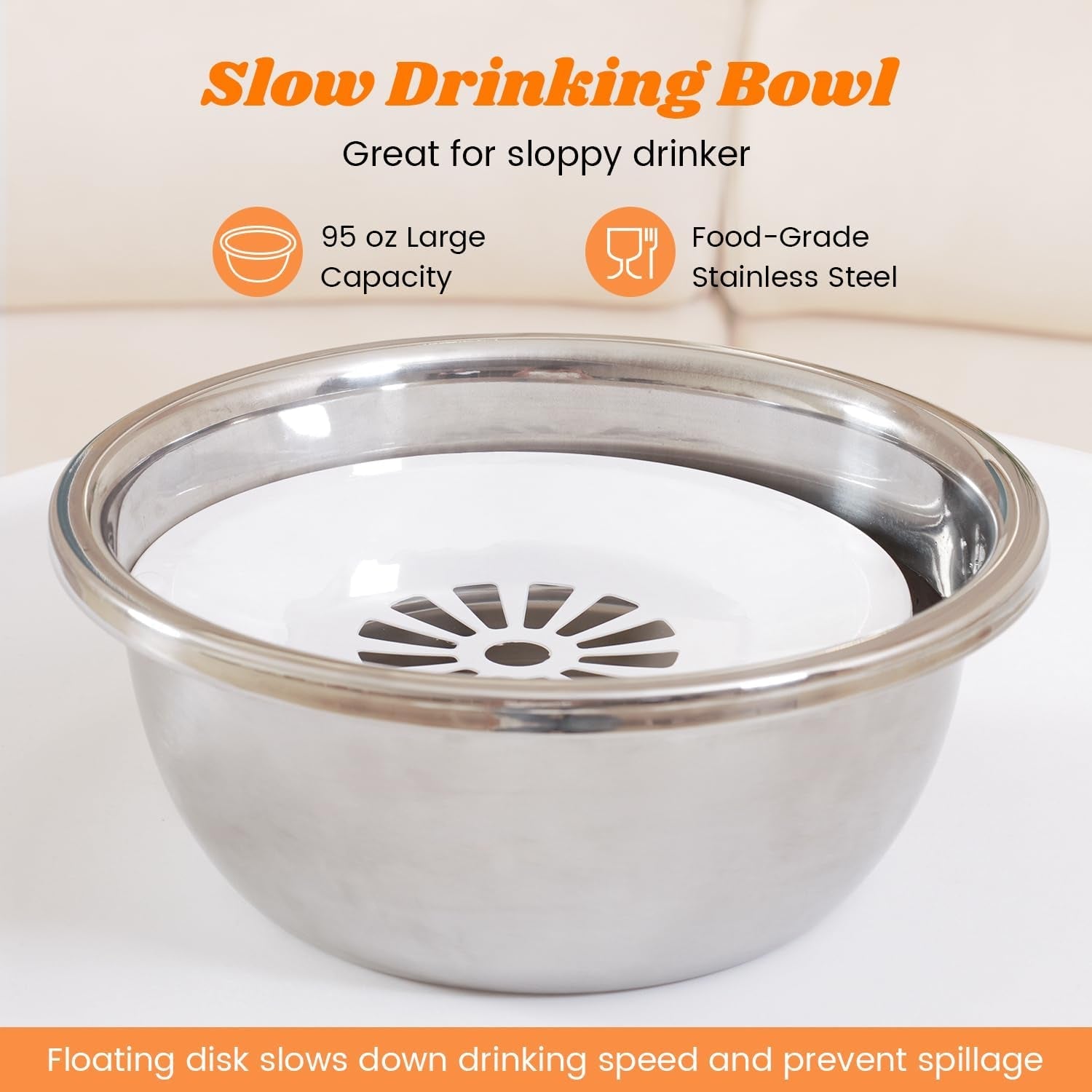 pawque-raised-95oz-slow-drinking-dog-water-bowl-no-spill-medium-large-breed-single-elevated-stainless-steel-water-bowl-with-floating-disc-stable-sturdy-base-and-snap-on-adjustable-height-stand